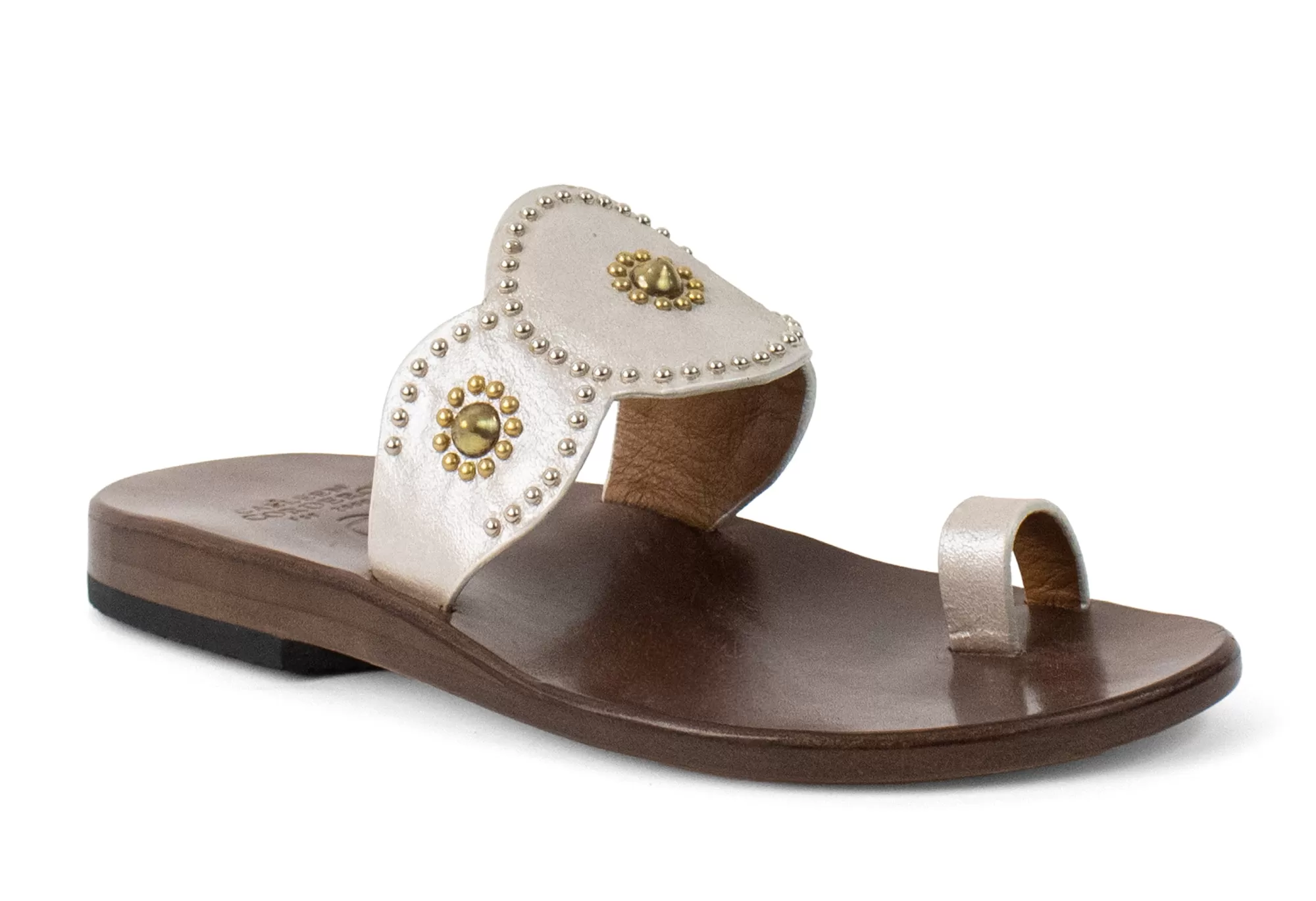 Calleen Cordero Alina Sandal White Pearl Cracked w/Brass & Nickel Art Sale