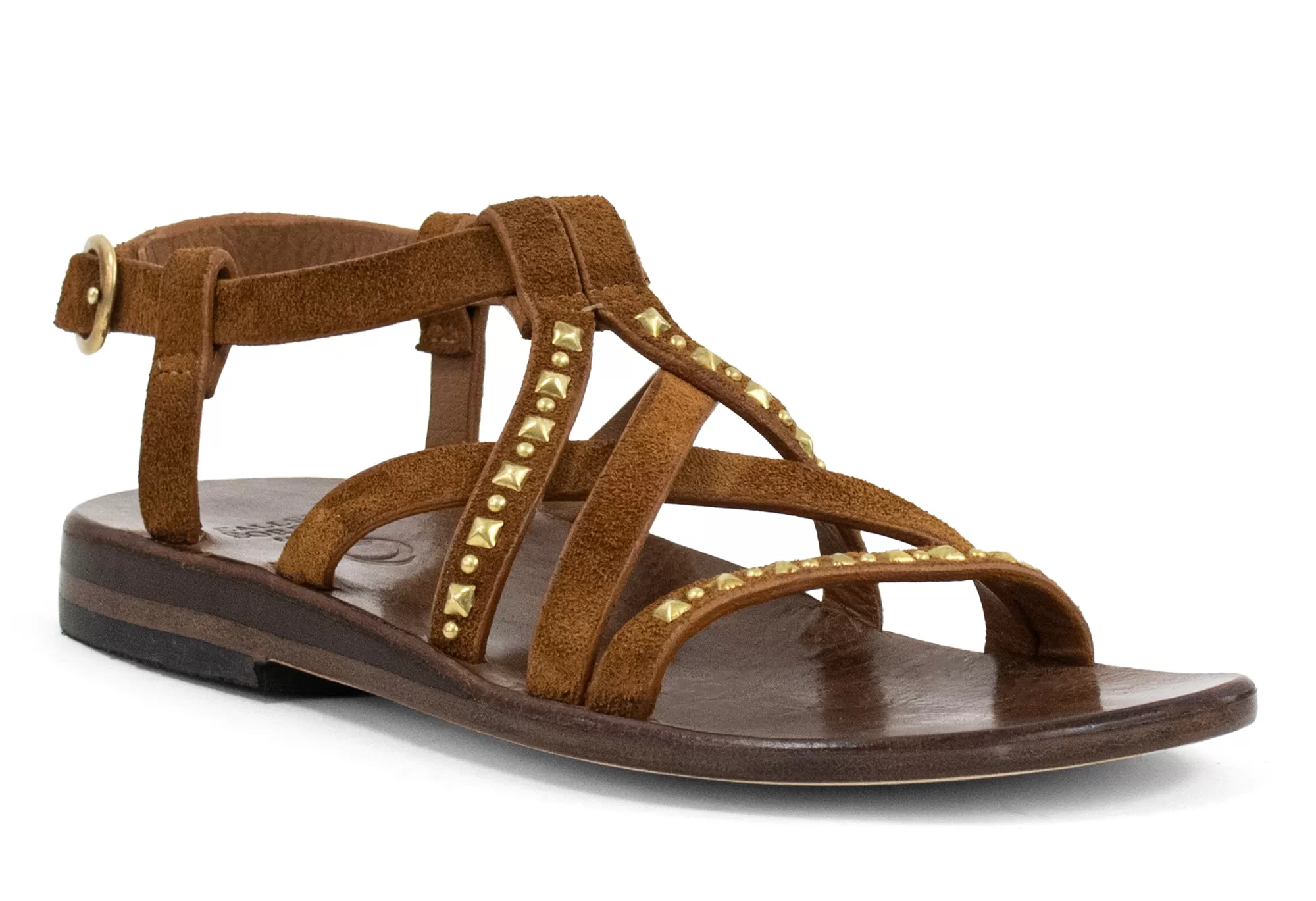 Calleen Cordero Desi Sandal Cognac Suede w/ Brass Art Best