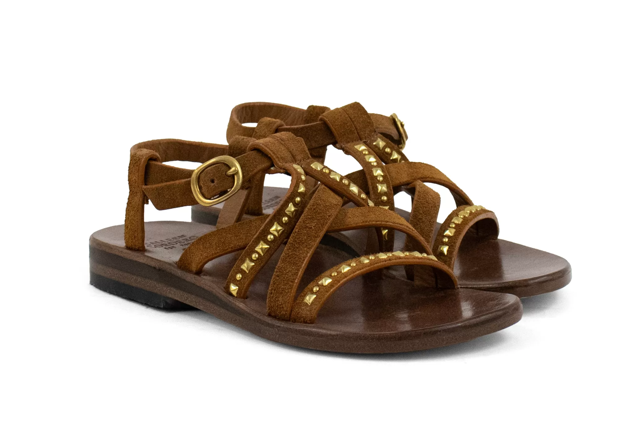 Calleen Cordero Desi Sandal Cognac Suede w/ Brass Art Best