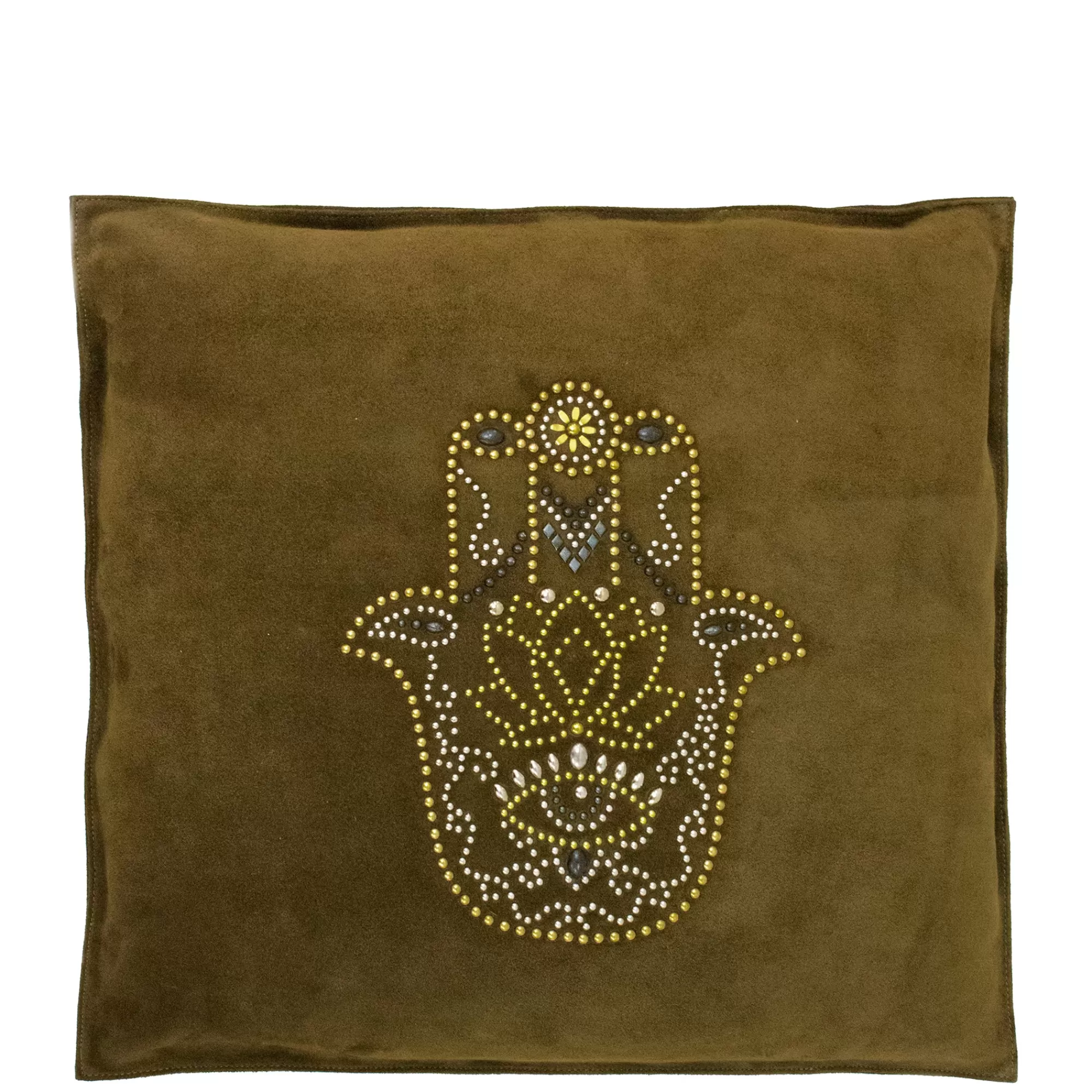 Calleen Cordero Hamsa Hand Pillow (Includes Pillow Insert) 20" X 20" Moss Green Suede w/ Brass. Nickel & Black Art Clearance