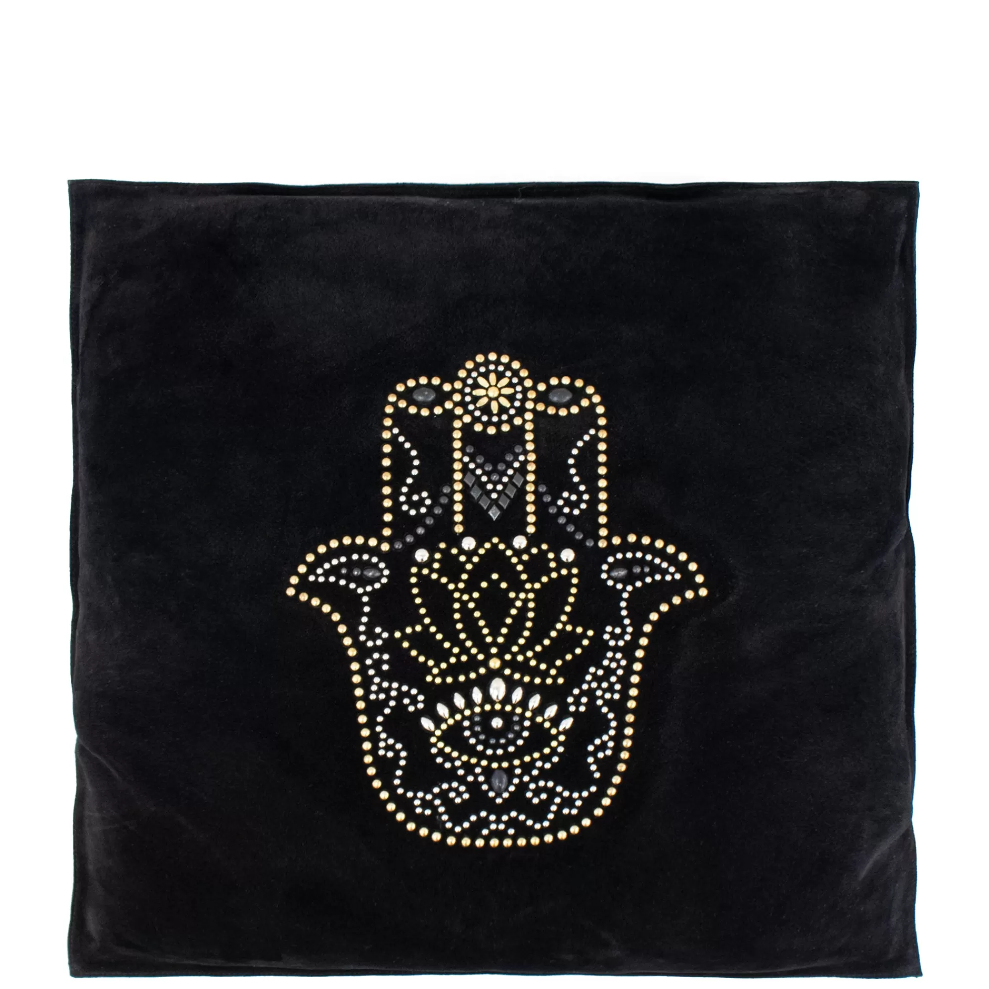 Calleen Cordero Hamsa Hand Pillow (Includes Pillow Insert) 20" X 20" Black Suede w/ Brass Nickel & Black Art Store