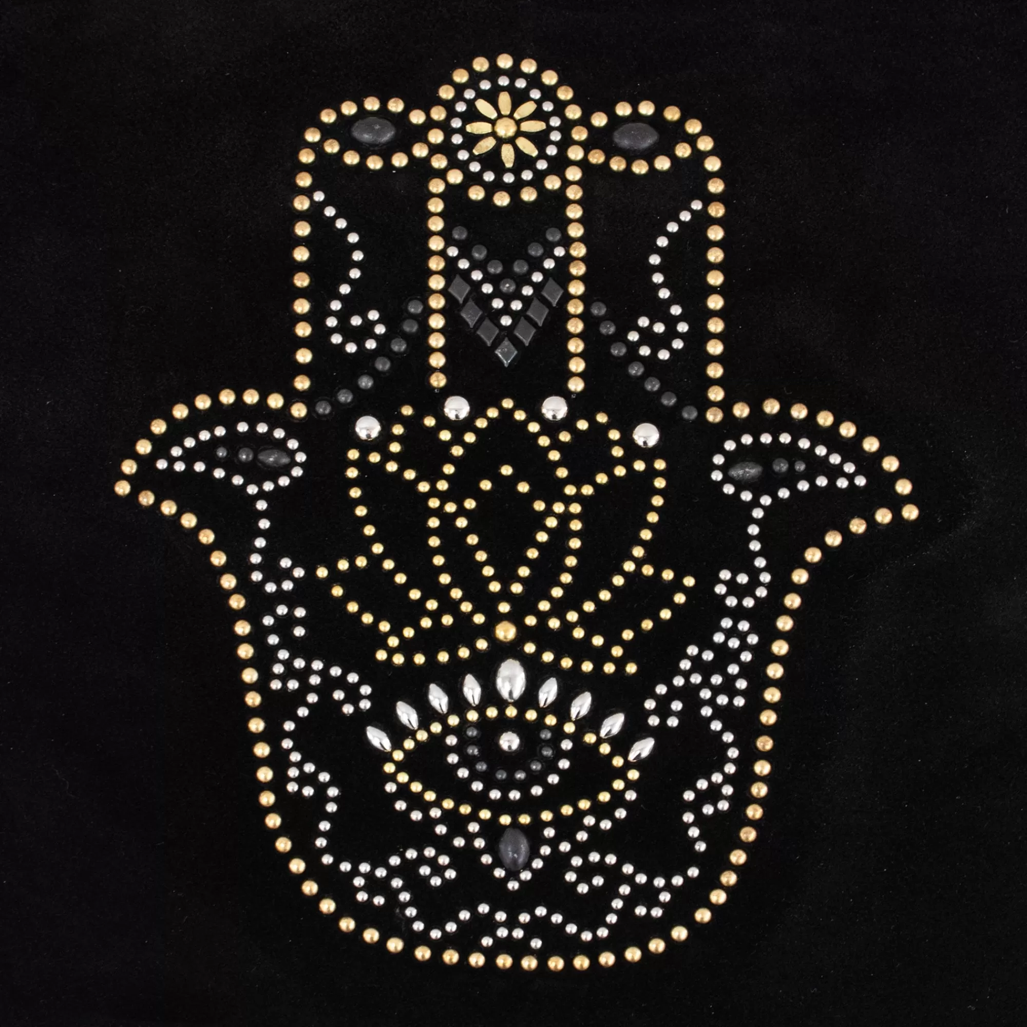 Calleen Cordero Hamsa Hand Pillow (Includes Pillow Insert) 20" X 20" Black Suede w/ Brass Nickel & Black Art Store