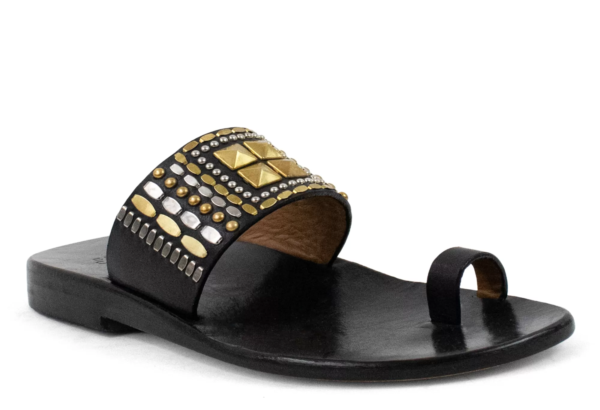 Calleen Cordero Kenji Sandal Black Belmont w/ Brass & Nickel Art Discount