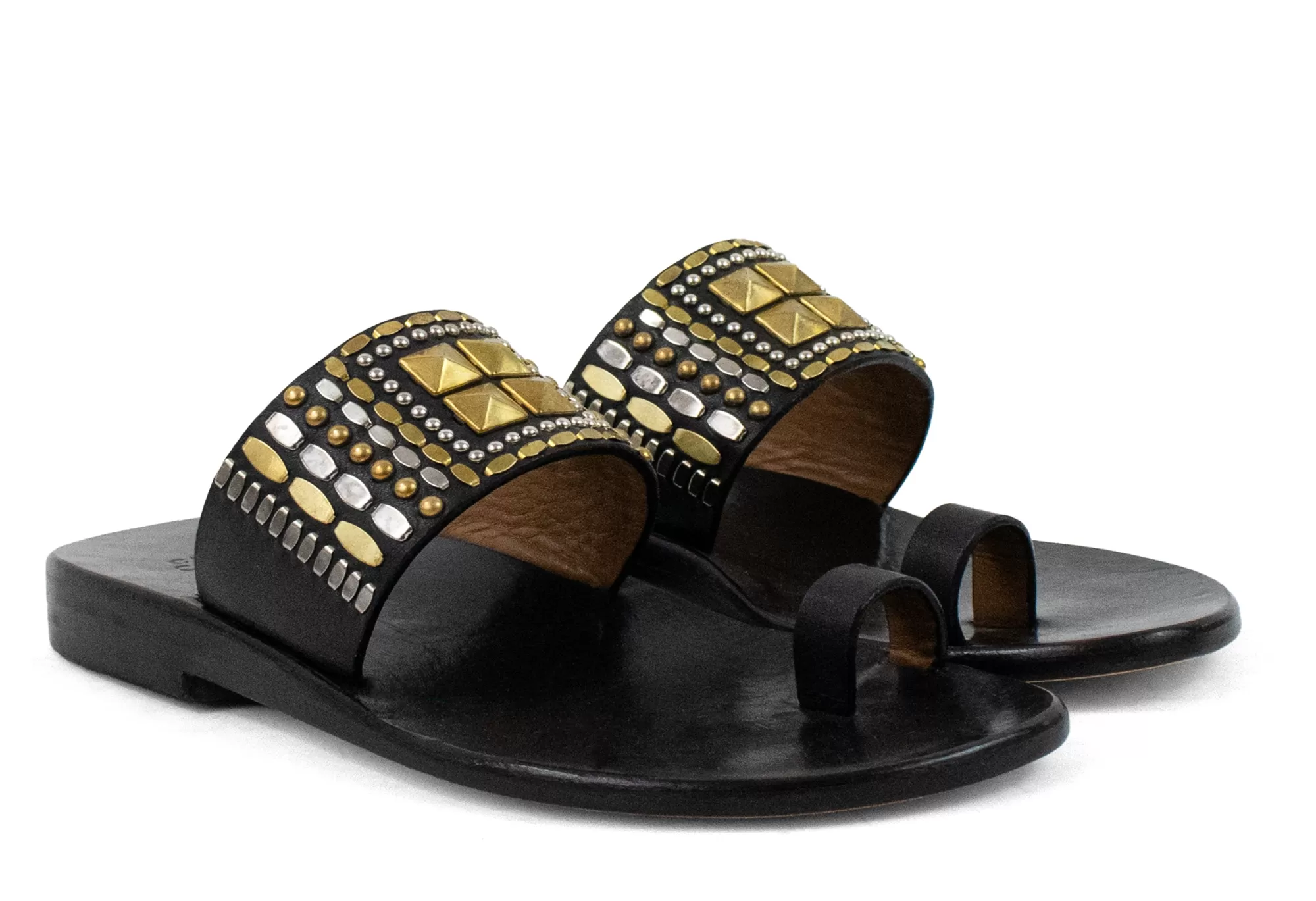 Calleen Cordero Kenji Sandal Black Belmont w/ Brass & Nickel Art Discount