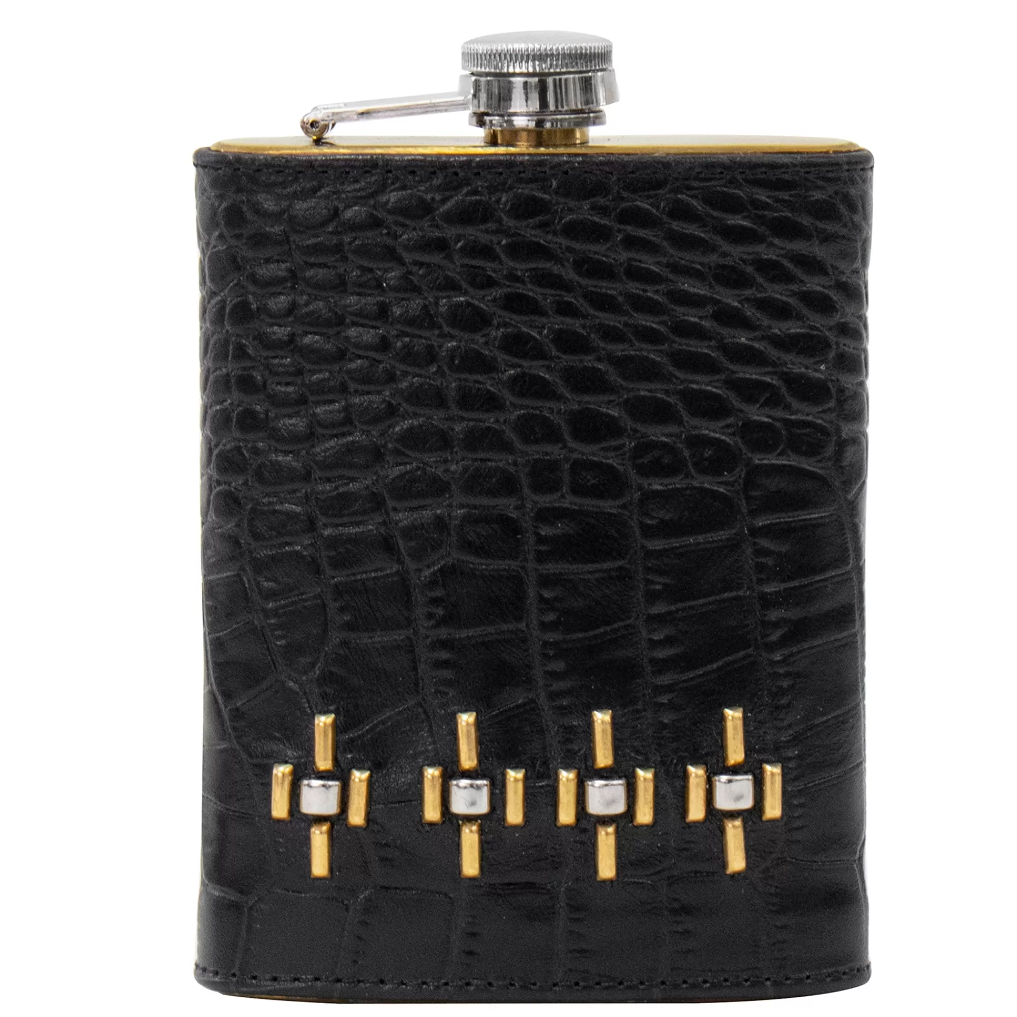 Calleen Cordero Milan Flask Black Croco w/ Nickel & Brass Fashion