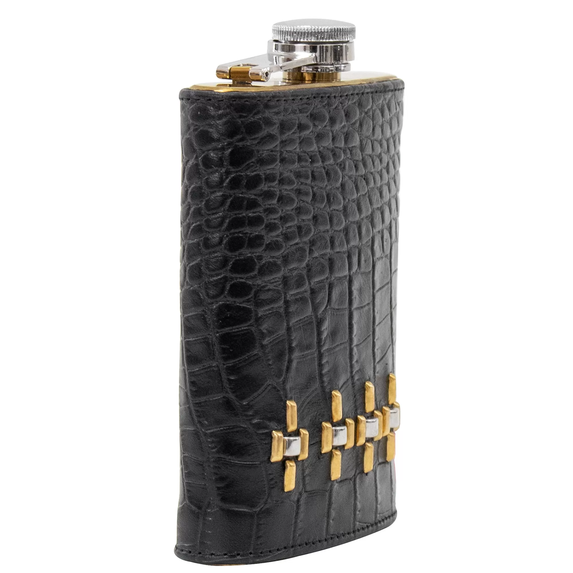 Calleen Cordero Milan Flask Black Croco w/ Nickel & Brass Fashion