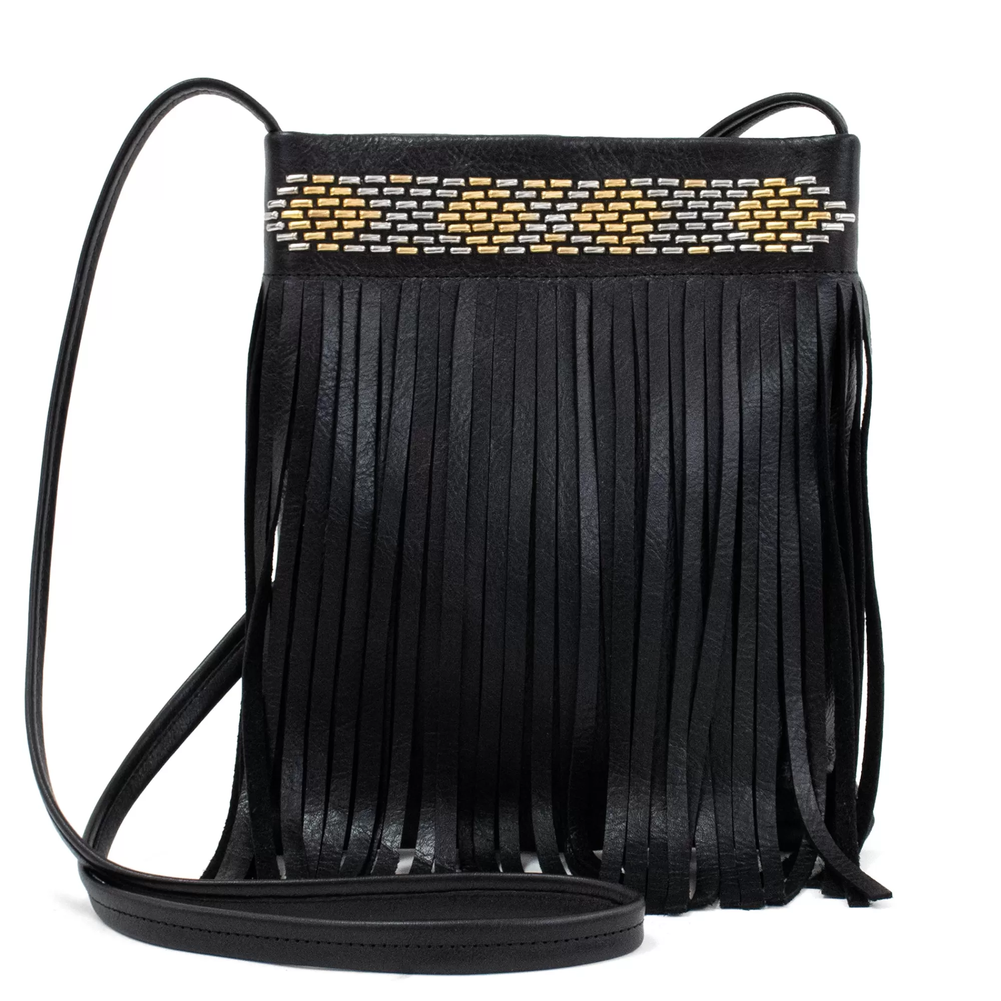 Calleen Cordero Raja New Snake Fringe Messenger Black Belmont w/ Nickel & Brass Art Sale