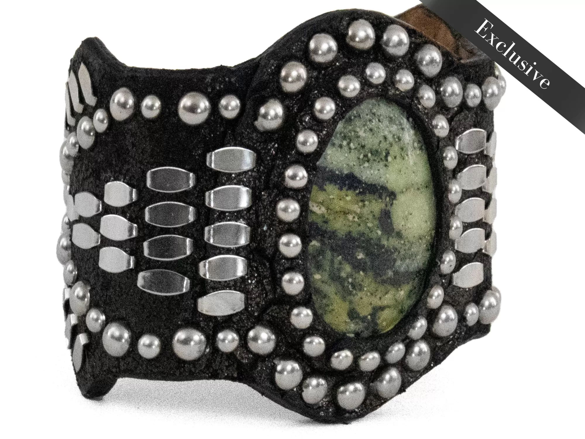 Calleen Cordero Reina Semi-precious Epidote Stone Bracelet Black Verde Leather w/ Nickel Art Fashion