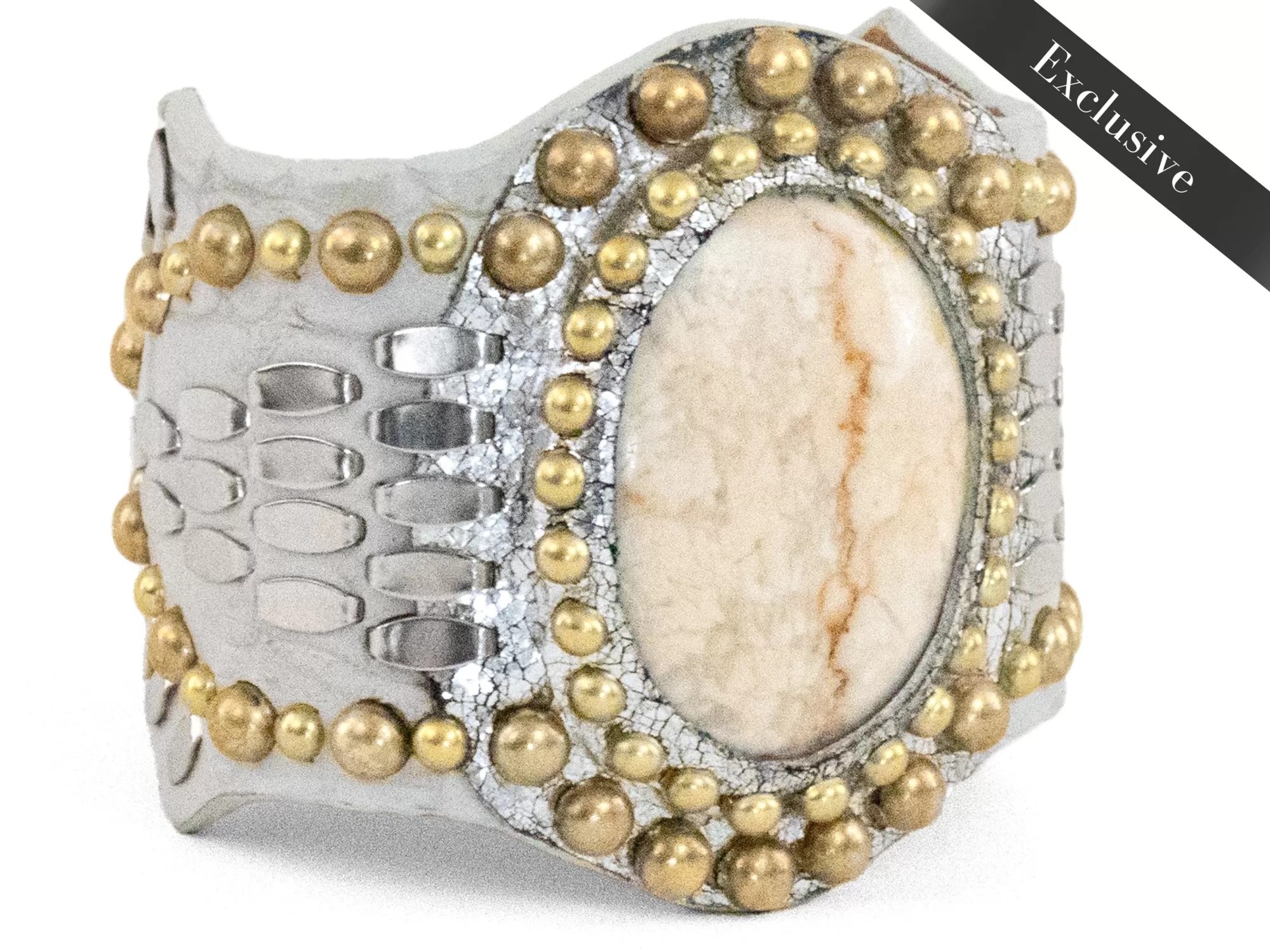 Calleen Cordero Reina Semi-precious Riverstone Bracelet White Croco w/ Brass Art Store