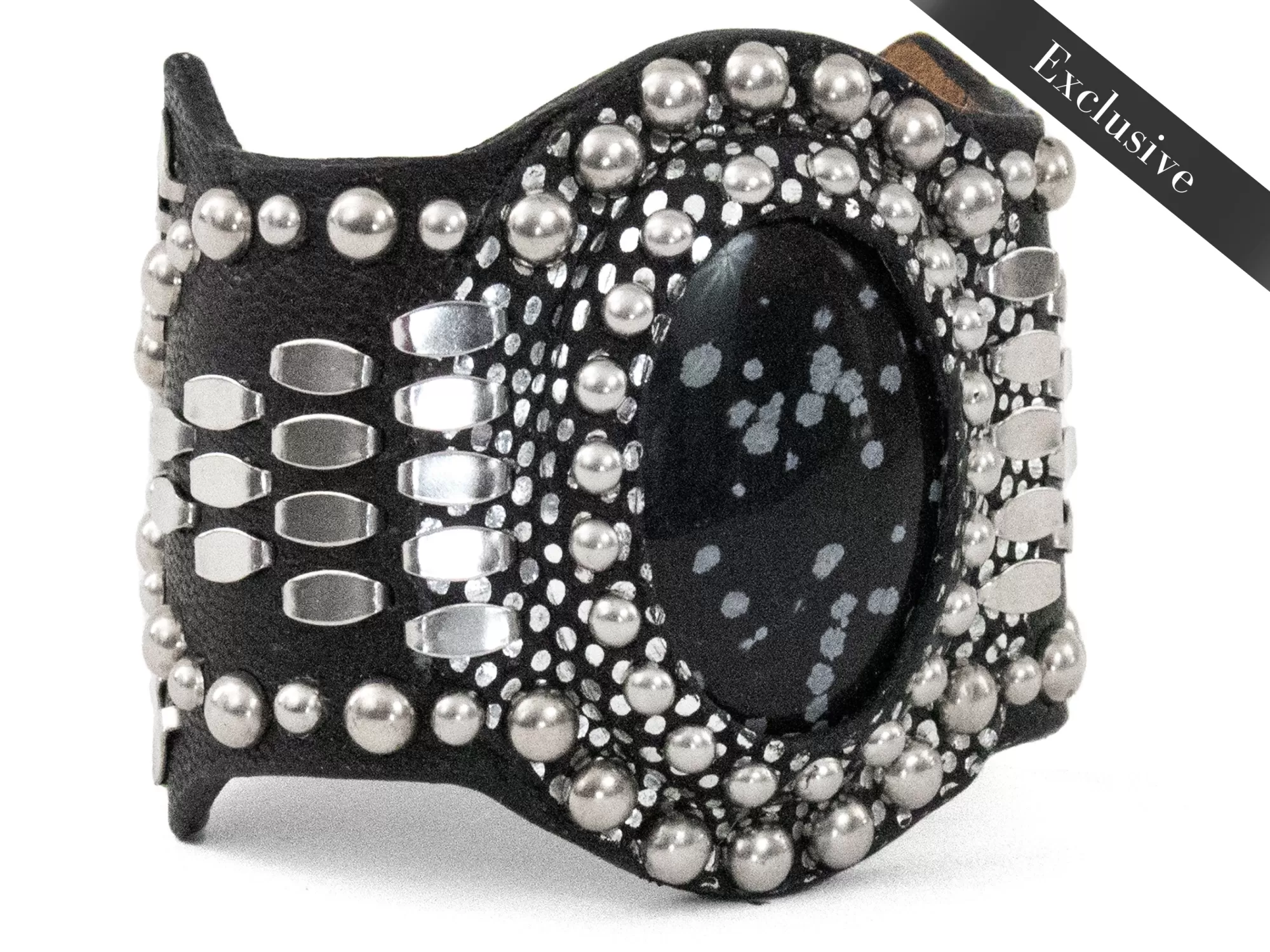 Calleen Cordero Reina Semi-precious Snowflake Obsidian Stone Bracelet Black Leather w/ Nickel Art Hot