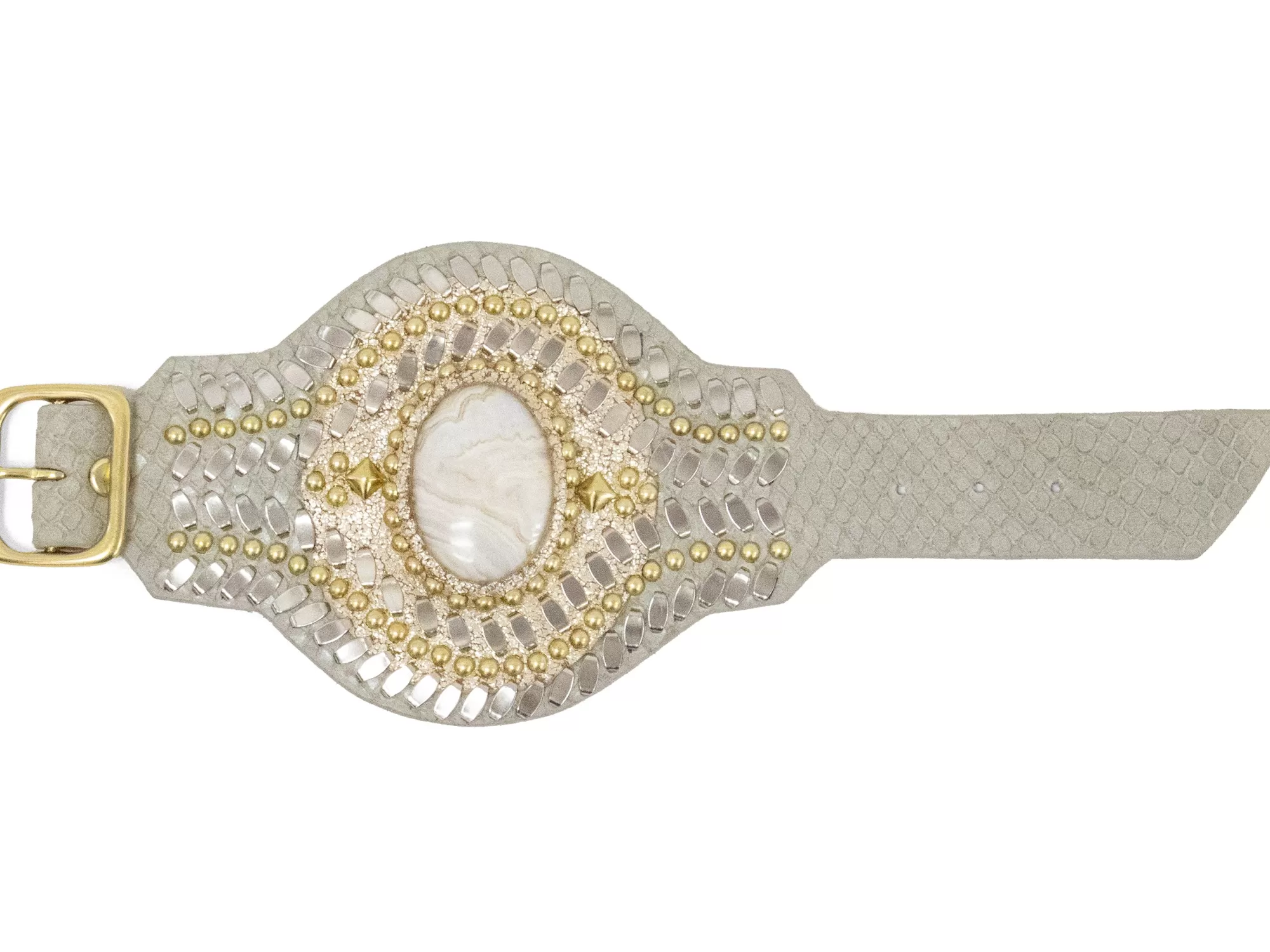 Calleen Cordero Rocal Semi-precious Crazy Lace Stone Cuff Linen Lizard w/ Brass & Nickel Art Online