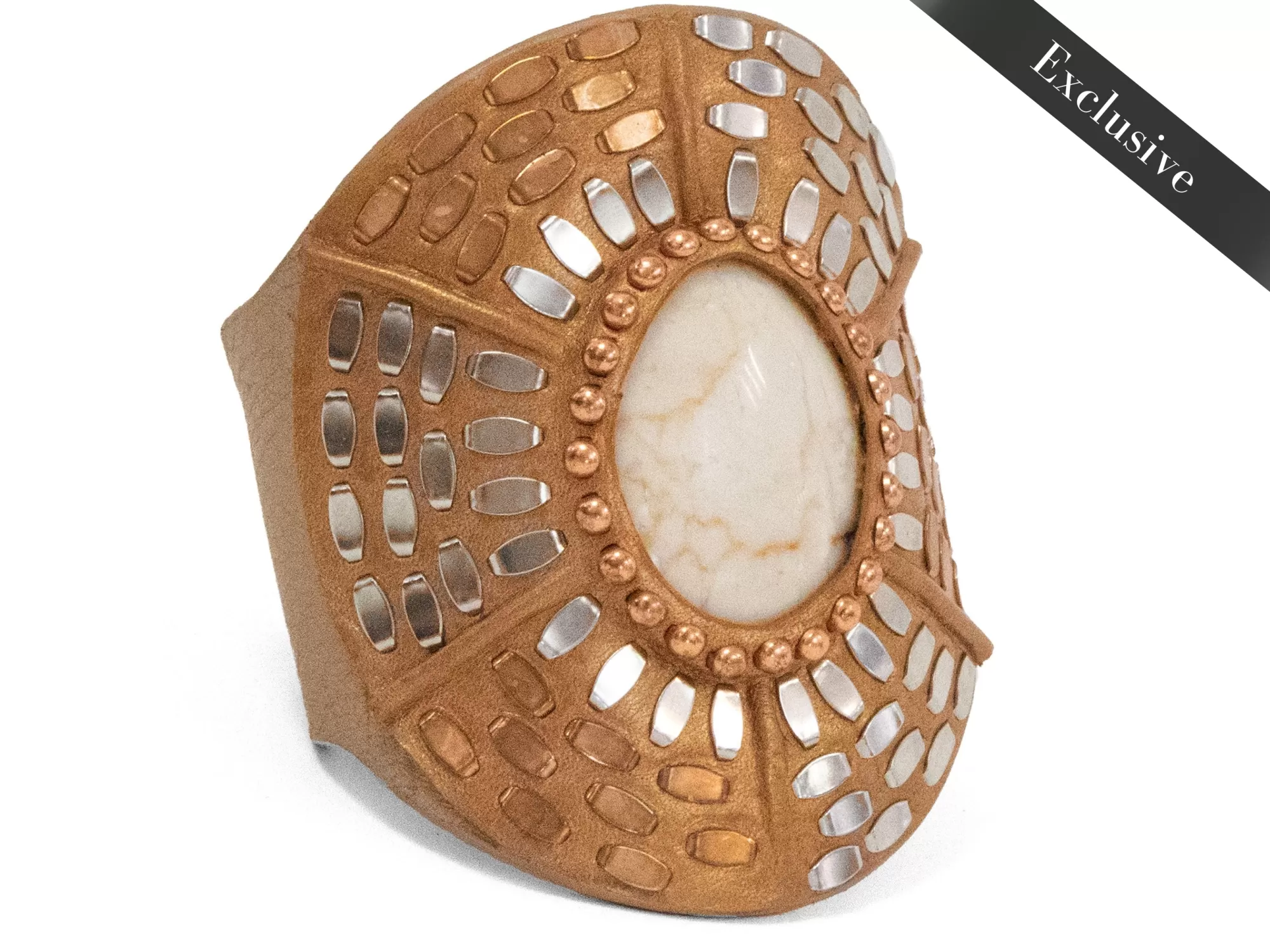 Calleen Cordero Rocal Semi-precious Riverstone Cuff Champagne Leather w/ Nickel & Copper Art Sale