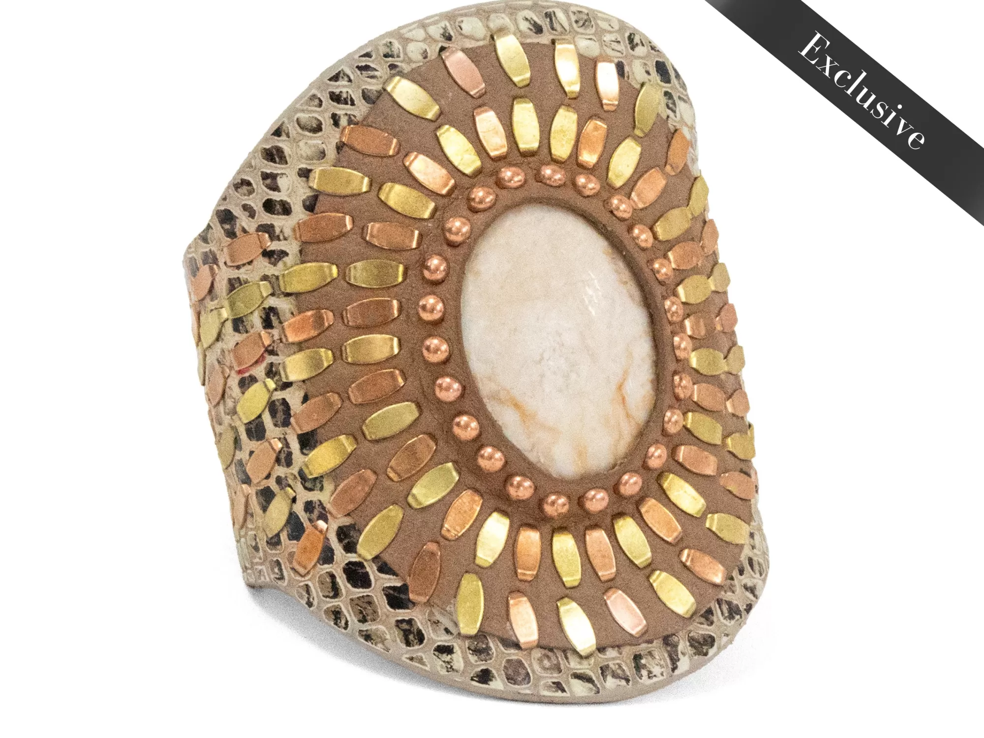 Calleen Cordero Rocal Semi-precious Riverstone Cuff Beige Multi Snake Tan Leather w/ Brass & Copper Art Flash Sale