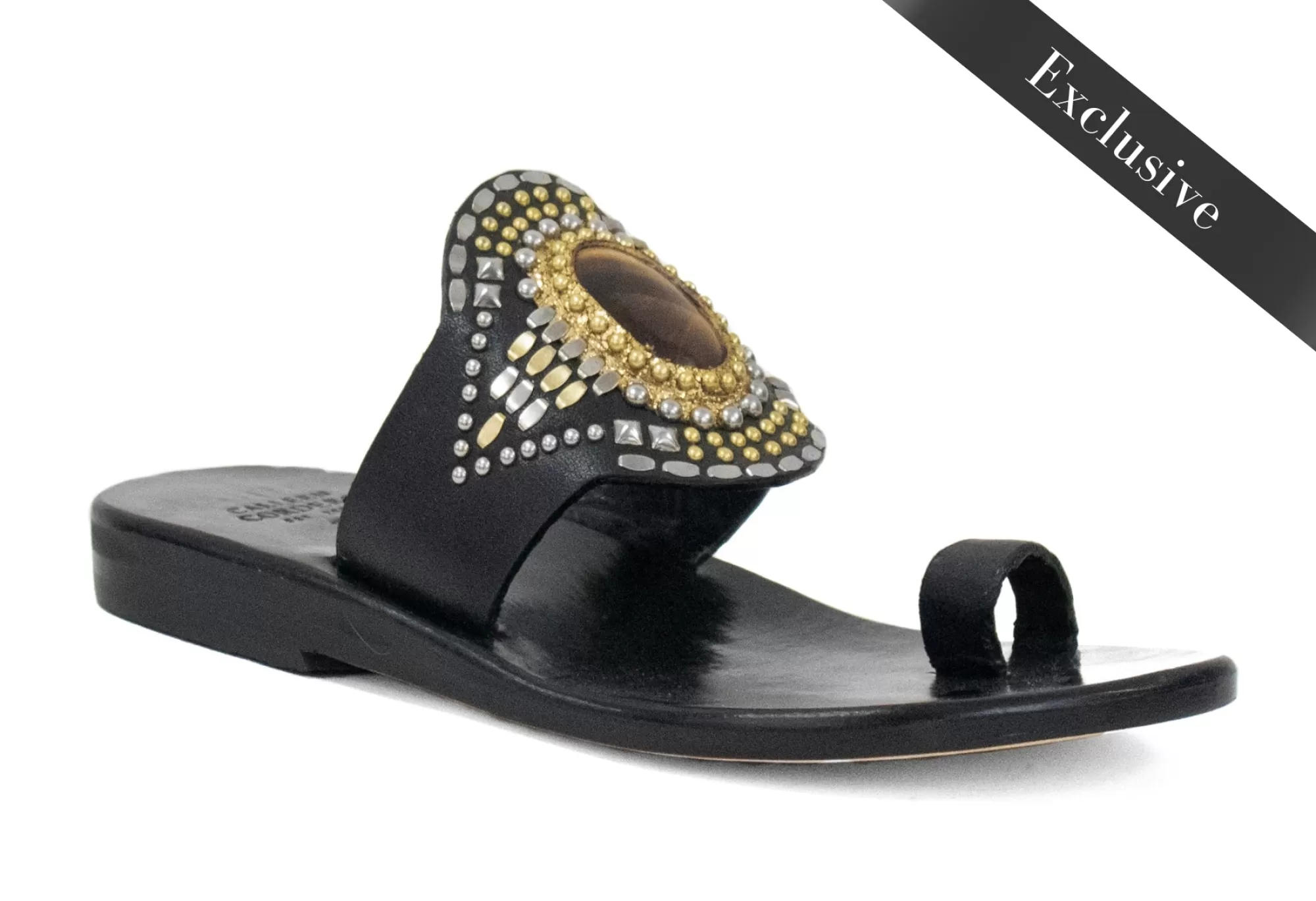 Calleen Cordero Rocal Semi-precious Tigers Eye Stone Sandal Black Belmont w/ Nickel & Brass Art Online