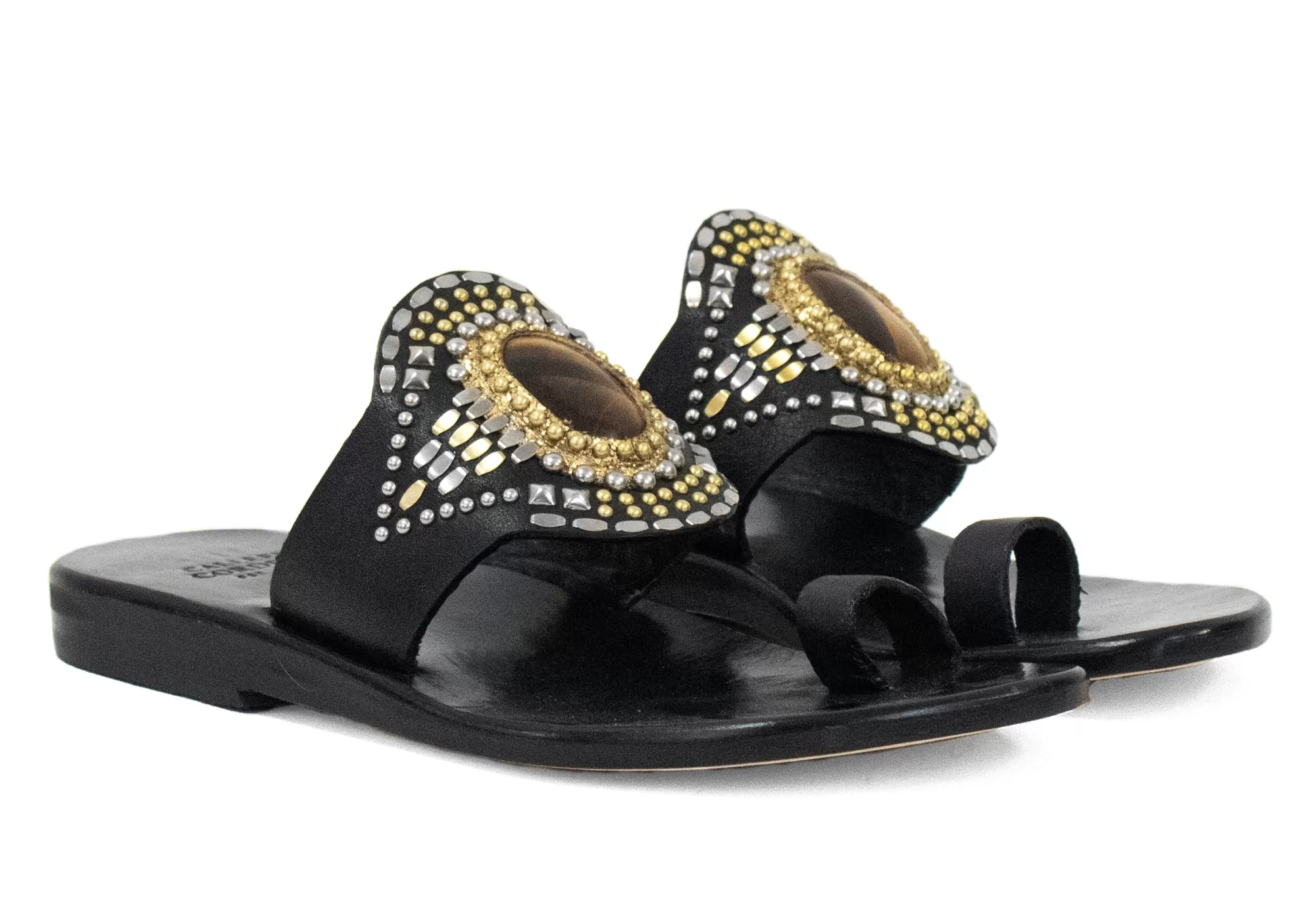 Calleen Cordero Rocal Semi-precious Tigers Eye Stone Sandal Black Belmont w/ Nickel & Brass Art Online