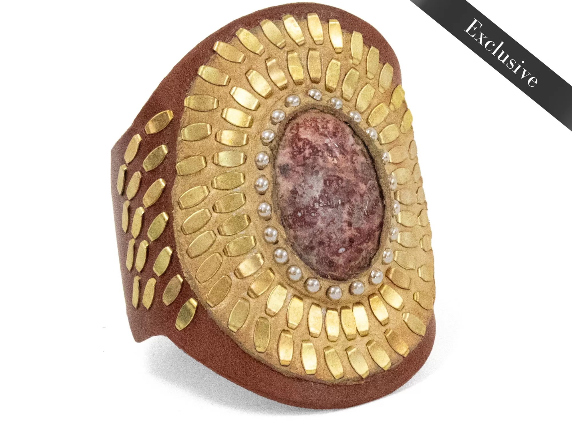 Calleen Cordero Rocal Semi-precious Unikite Stone Cuff Cognac Leather w/ Brass & Nickel Art Flash Sale