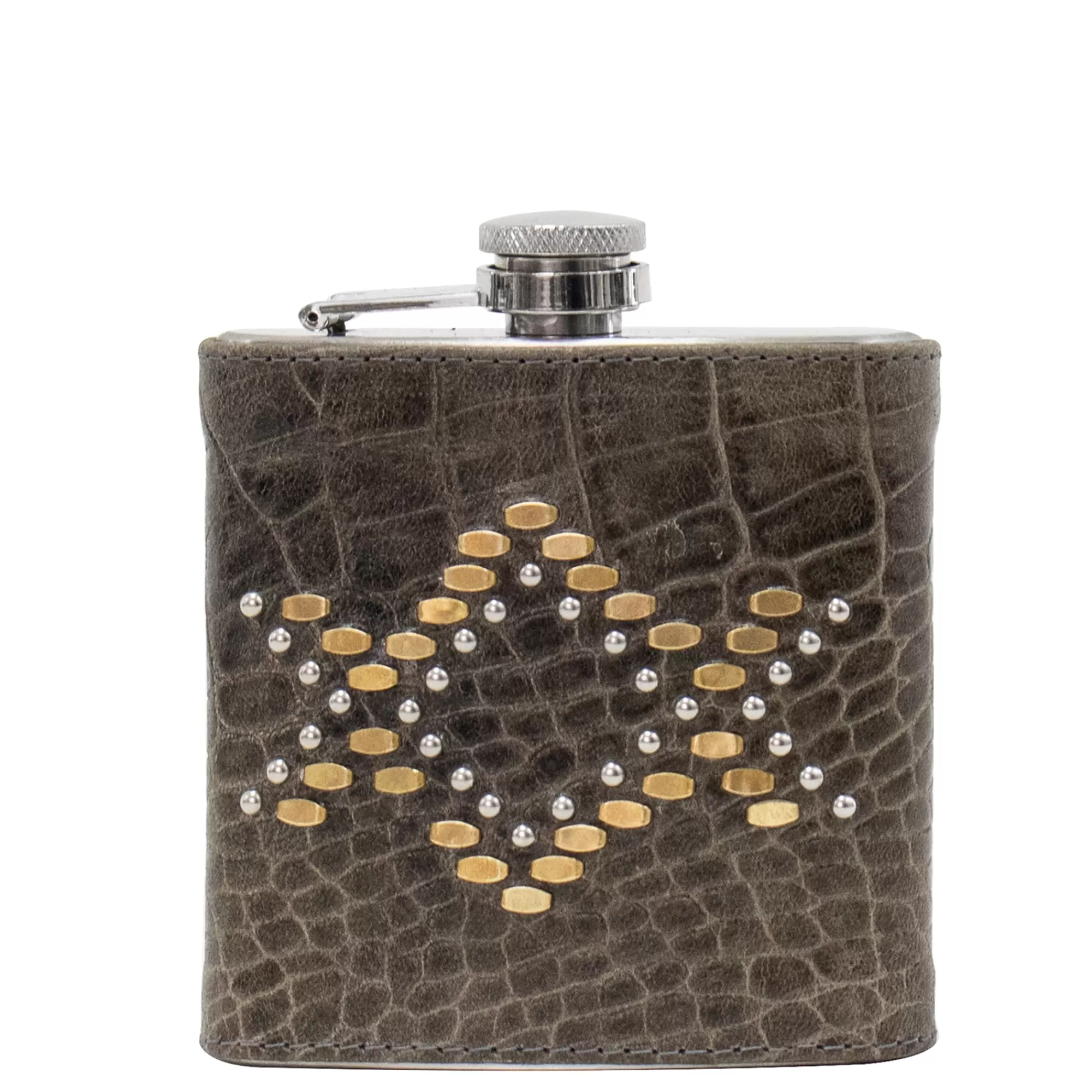 Calleen Cordero Zelda Flask Grey Croco w/ Brass & Nickel Fashion