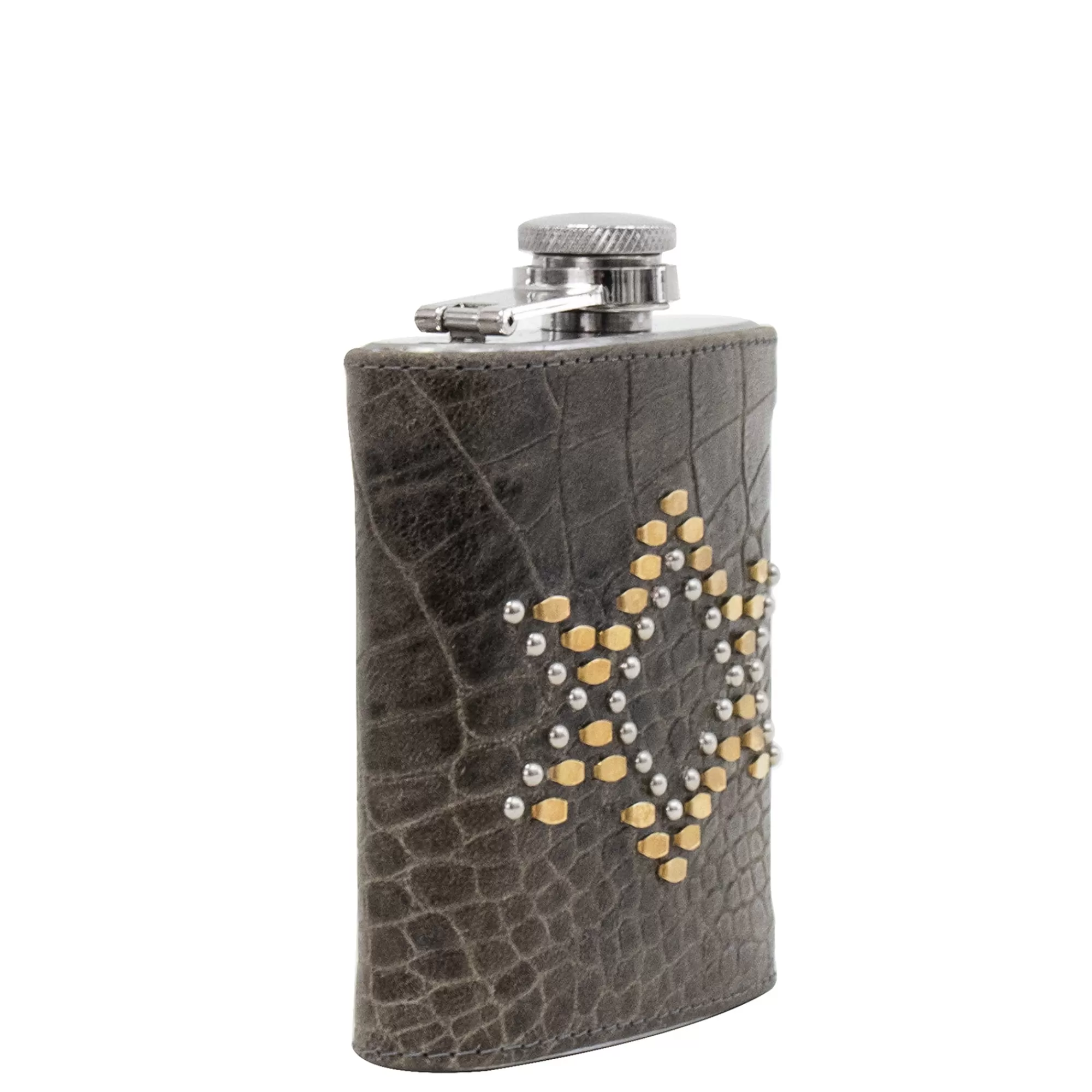 Calleen Cordero Zelda Flask Grey Croco w/ Brass & Nickel Fashion